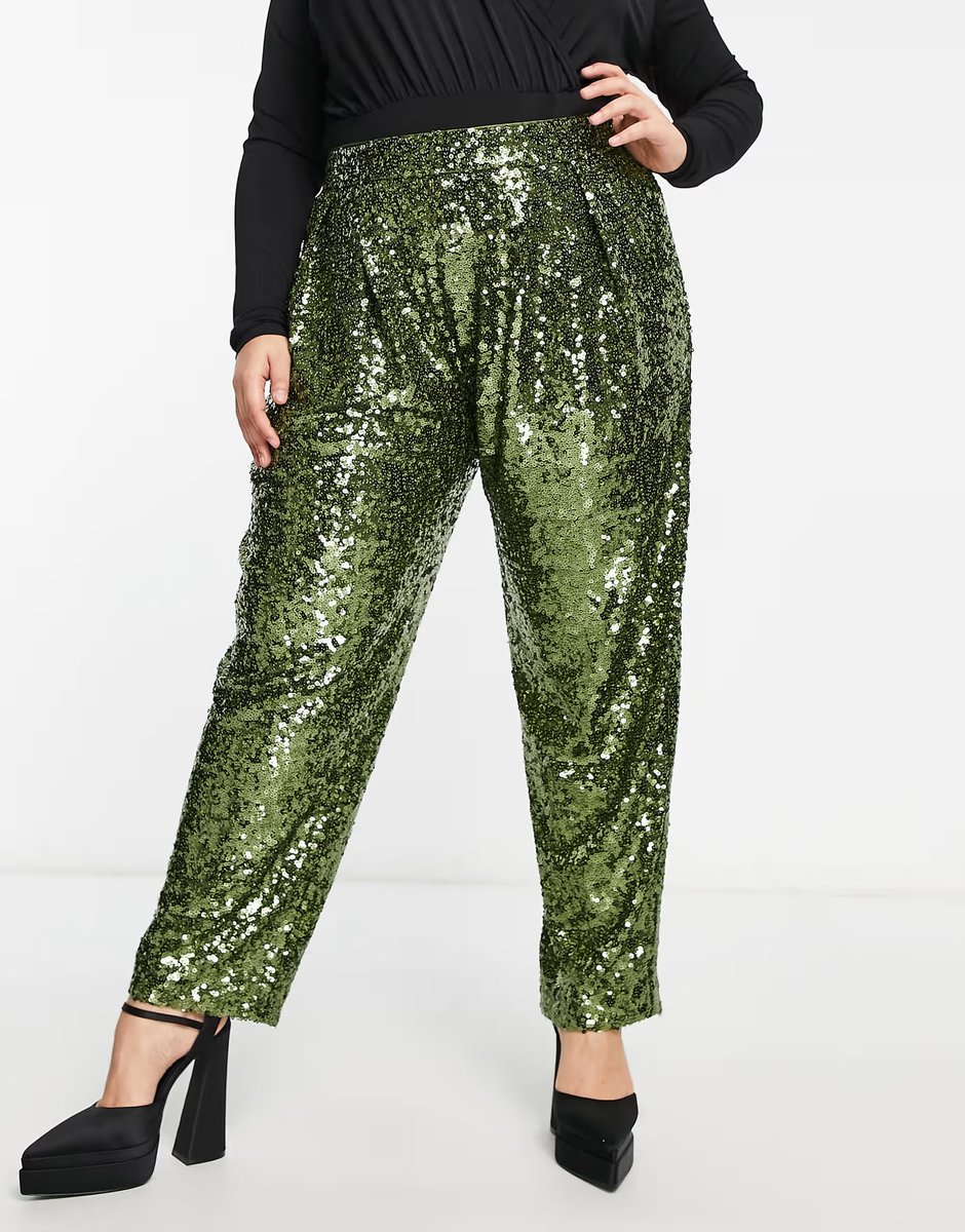 ASOS ASOS DESIGN Curve sequin slouchy trouser in khaki - 2