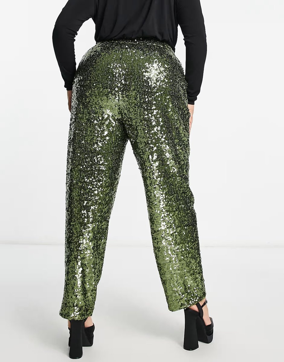 ASOS ASOS DESIGN Curve sequin slouchy trouser in khaki - 4