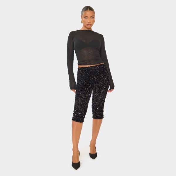 EGO Low Rise Capri Leggings In Black Velour Sequin, Women's Size UK 6 - 1