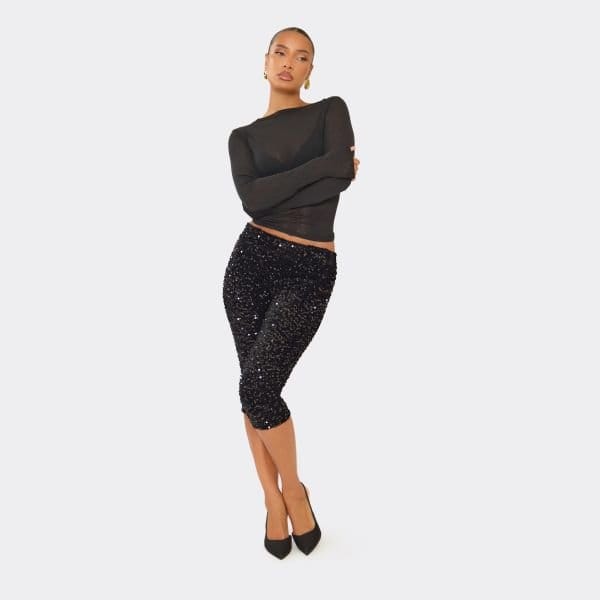 EGO Low Rise Capri Leggings In Black Velour Sequin, Women's Size UK 6 - 2