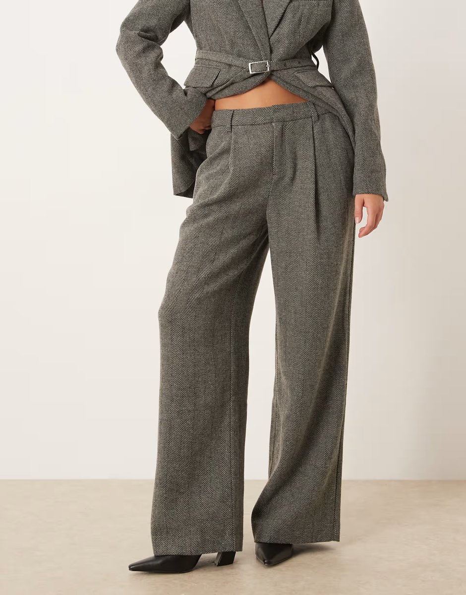 ASOS Gina Tricot co-ord mid waist herringbone trousers in grey - 3