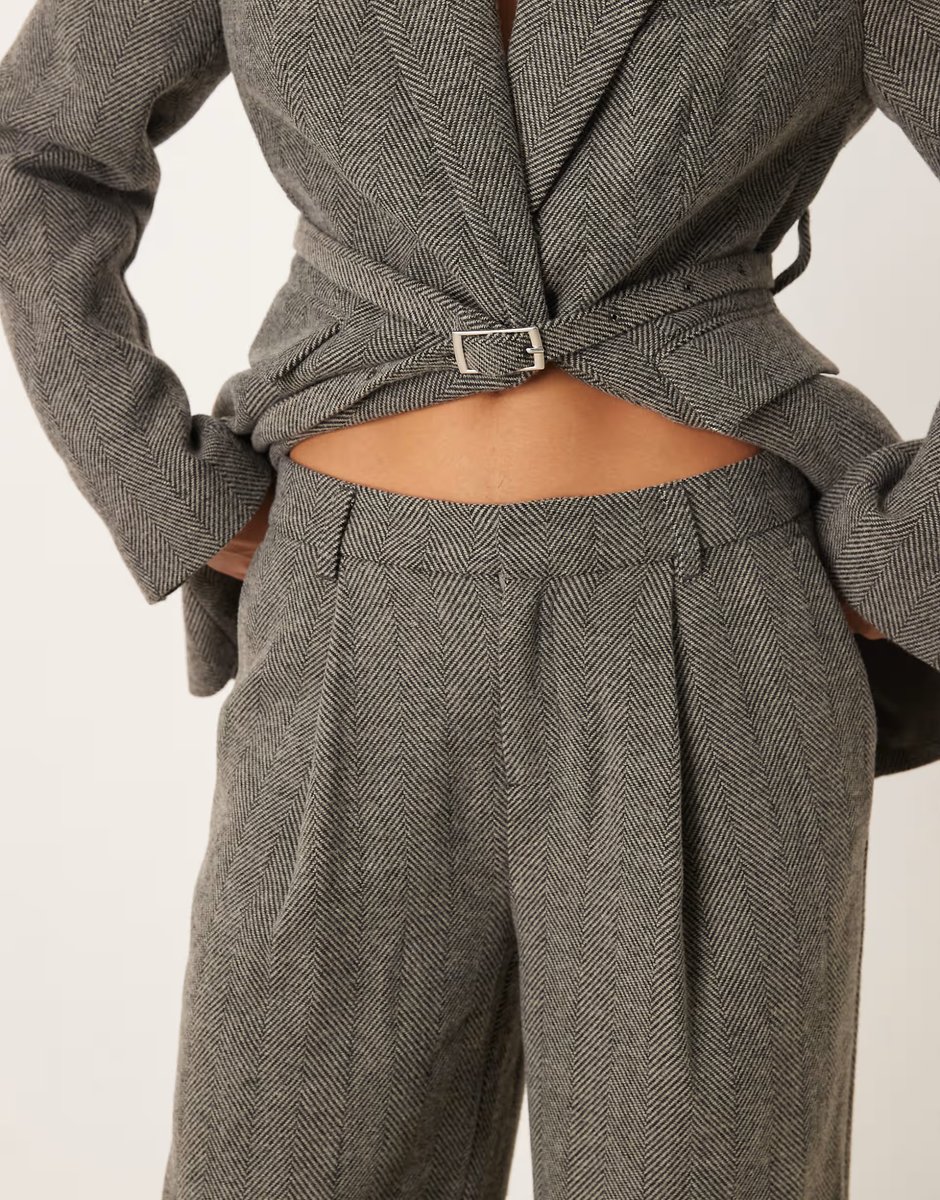 ASOS Gina Tricot co-ord mid waist herringbone trousers in grey - 4