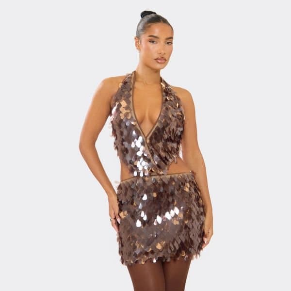 EGO Extreme Plunge Cut Out Detail Mini Dress In Chocolate Brown Sequin, Women's Size UK 6