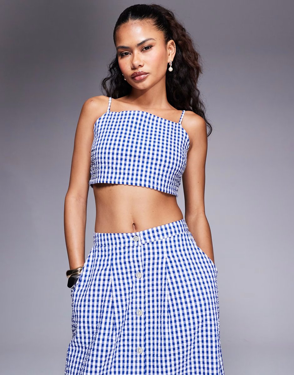 ASOS River Island ruched gingham bralet top co-ord in blue - 1