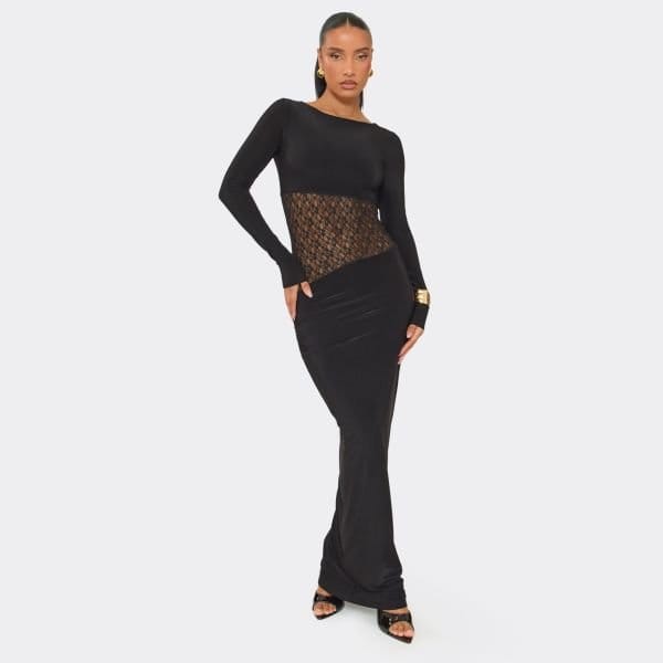 EGO Long Sleeve Contrast Lace Detail Maxi Dress In Black Slinky, Women's Size UK 6 - 1