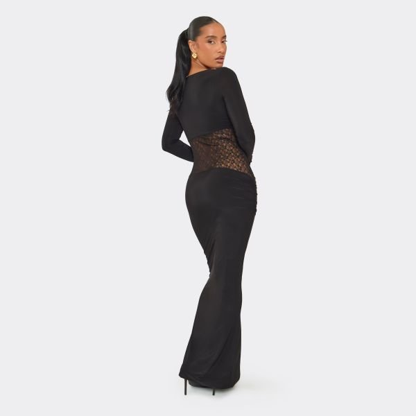 EGO Long Sleeve Contrast Lace Detail Maxi Dress In Black Slinky, Women's Size UK 6 - 2