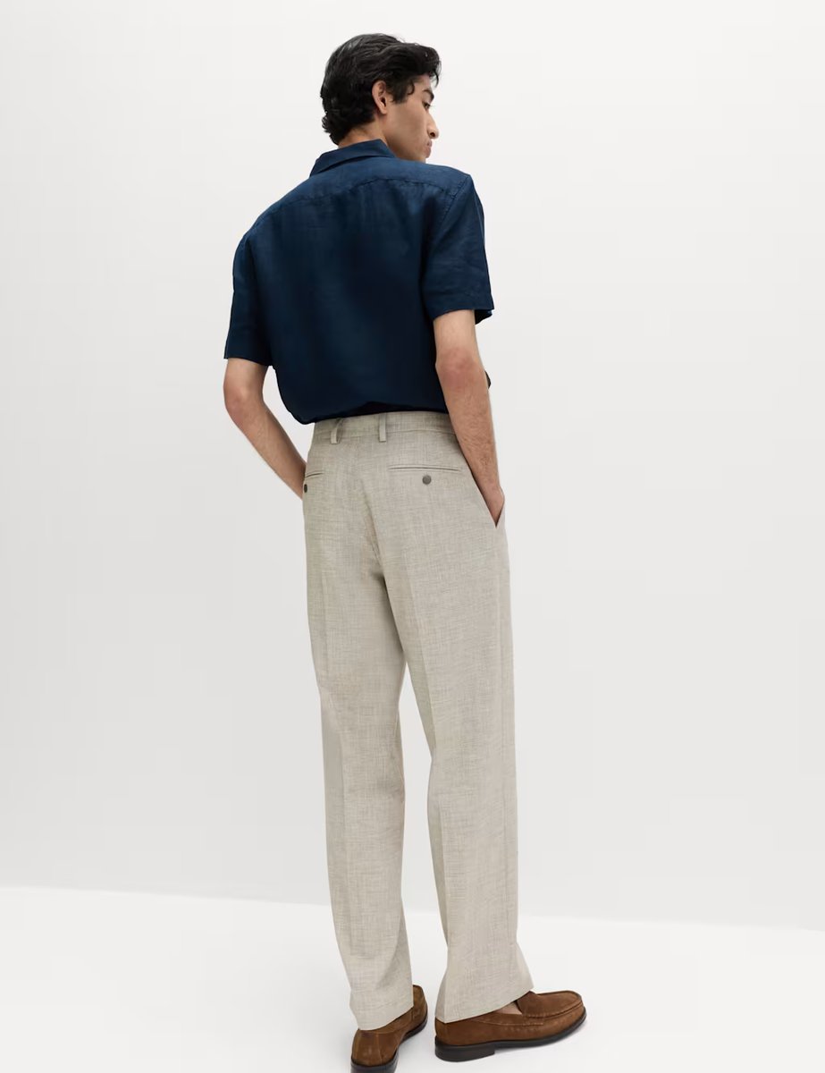 Marks & Spencer M&S Relaxed Fit Textured Pleat Front Trousers Neutral - 4