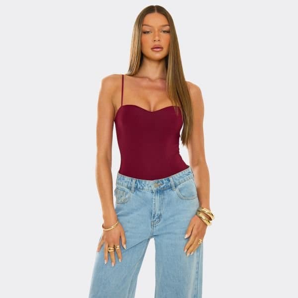 EGO Sweetheart Neck Strappy Bodysuit In Burgundy, Women's Size UK 12