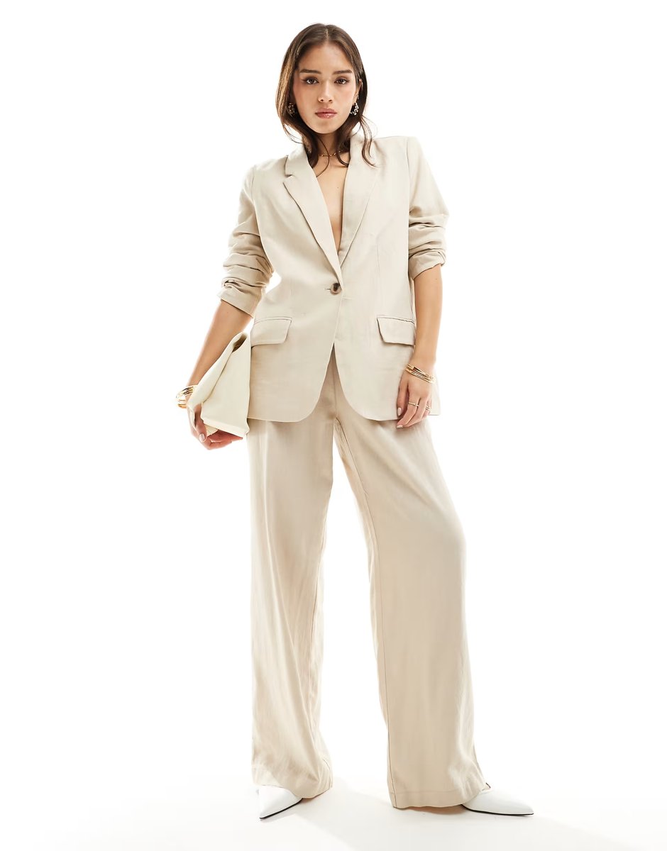 ASOS Vila linen blazer and wide leg trouser co-ord in oatmeal - 3