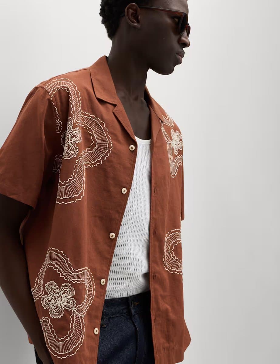 Marks & Spencer M&S Regular Fit Cotton Linen Blend Floral Shirt Rust Mix