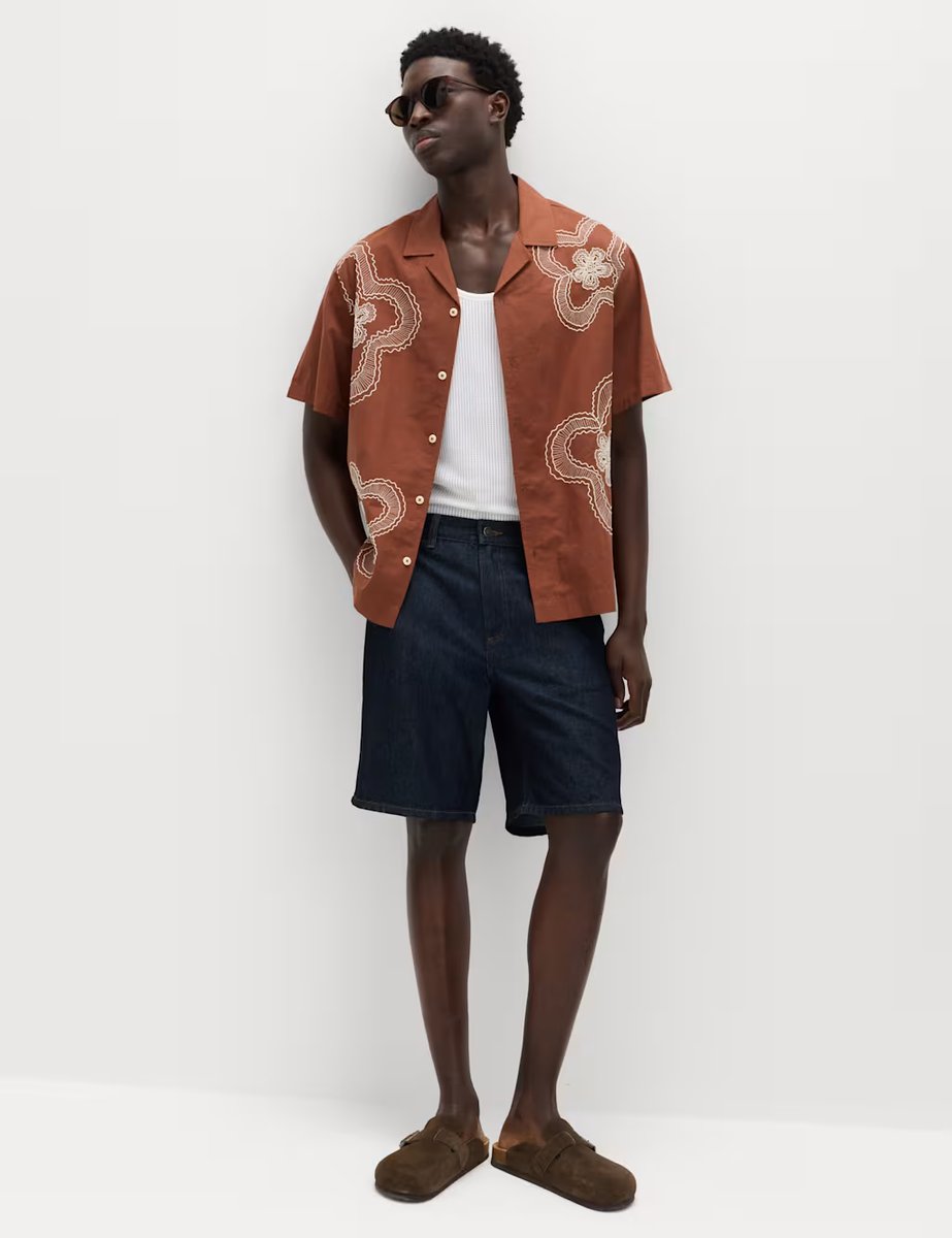 Marks & Spencer M&S Regular Fit Cotton Linen Blend Floral Shirt Rust Mix - 2