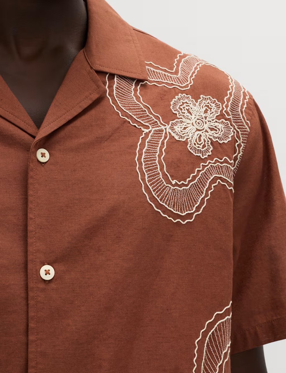 Marks & Spencer M&S Regular Fit Cotton Linen Blend Floral Shirt Rust Mix - 3