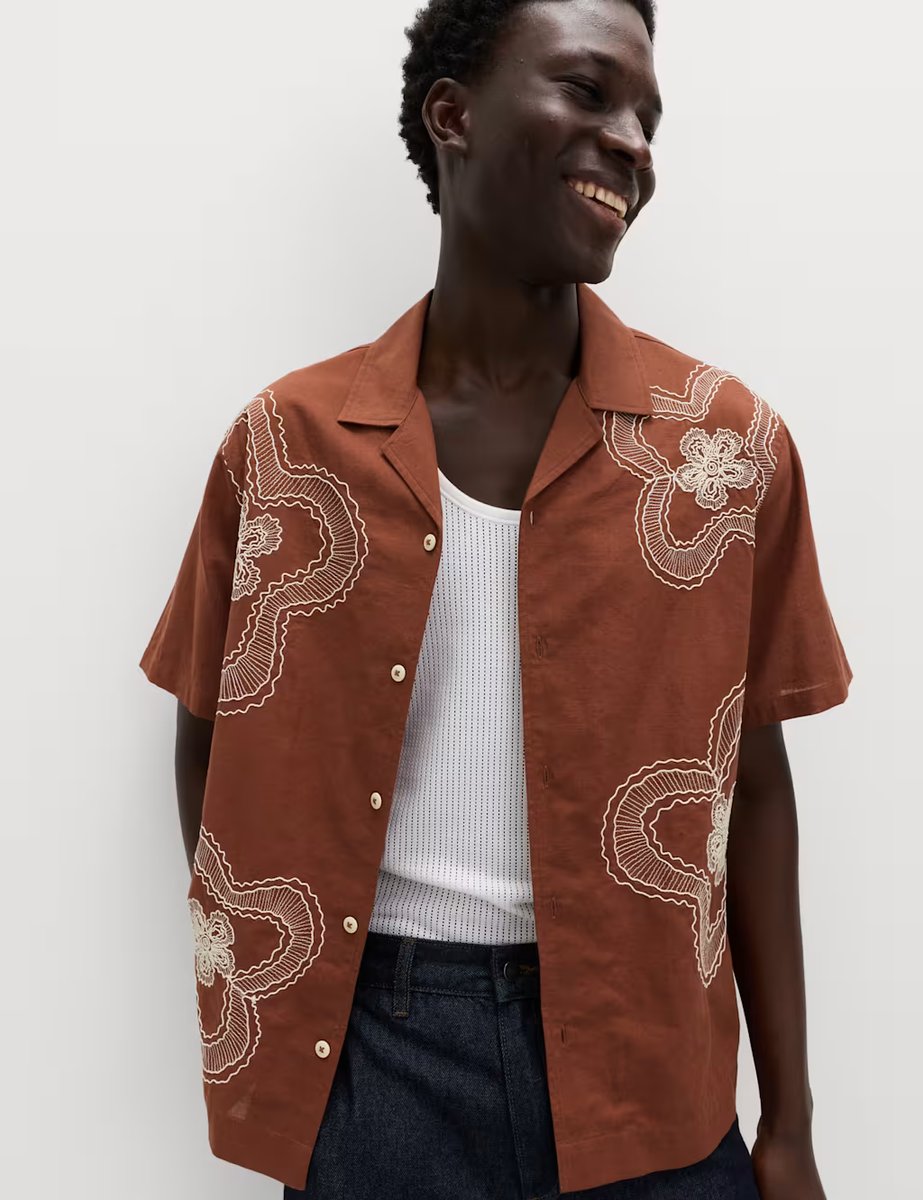 Marks & Spencer M&S Regular Fit Cotton Linen Blend Floral Shirt Rust Mix - 4