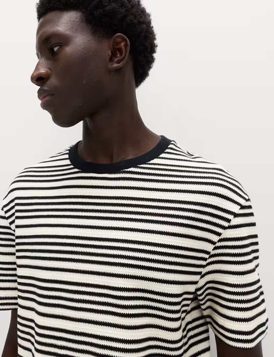 Marks & Spencer M&S Relaxed Fit Cotton Rich Textured Striped T-Shirt Ecru - 2