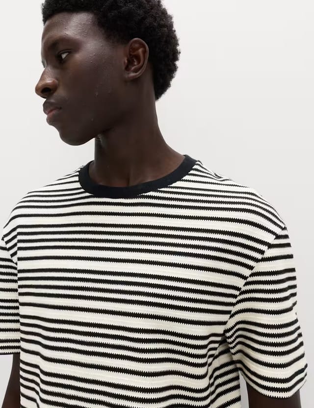 Marks & Spencer M&S Relaxed Fit Cotton Rich Textured Striped T-Shirt Ecru - 2