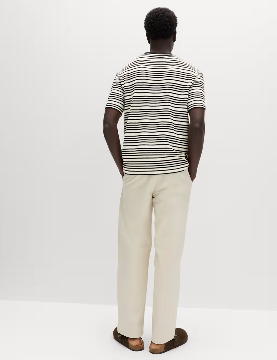 Marks & Spencer M&S Relaxed Fit Cotton Rich Textured Striped T-Shirt Ecru - 3