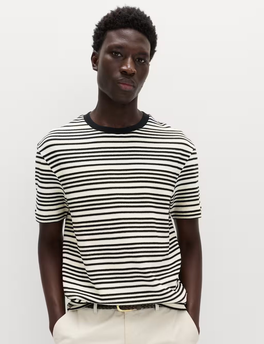 Marks & Spencer M&S Relaxed Fit Cotton Rich Textured Striped T-Shirt Ecru - 4