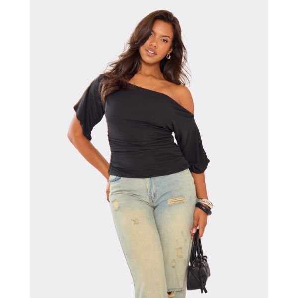 EGO Slash Neck Ruched Detail T-Shirt In Black, Women's Size UK 6 - 2