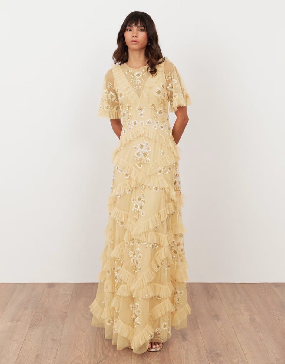 ASOS Maya Embellished angel sleeve ruffle maxi dress in buttercream