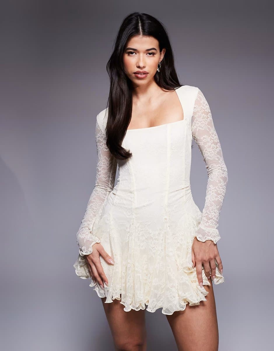 ASOS Murci square neck long sleeve gathered ruffle hem lace mini dress in cream
