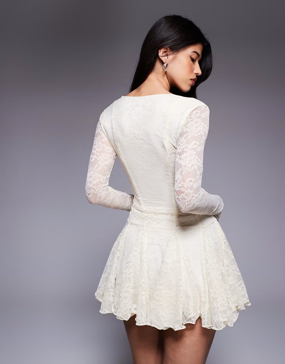 ASOS Murci square neck long sleeve gathered ruffle hem lace mini dress in cream - 3