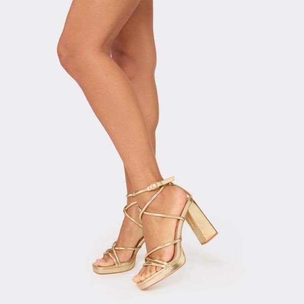 EGO Cozmo Strappy Block Heel In Gold Faux Leather, Women's Size UK 3 - 2
