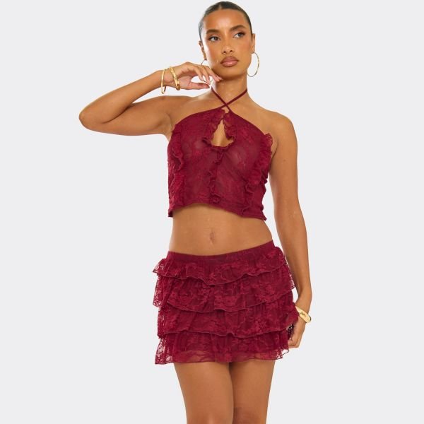 EGO Halterneck Keyhole Cut Out Frill Draped Top In Burgundy, Women's Size UK 10 - 1