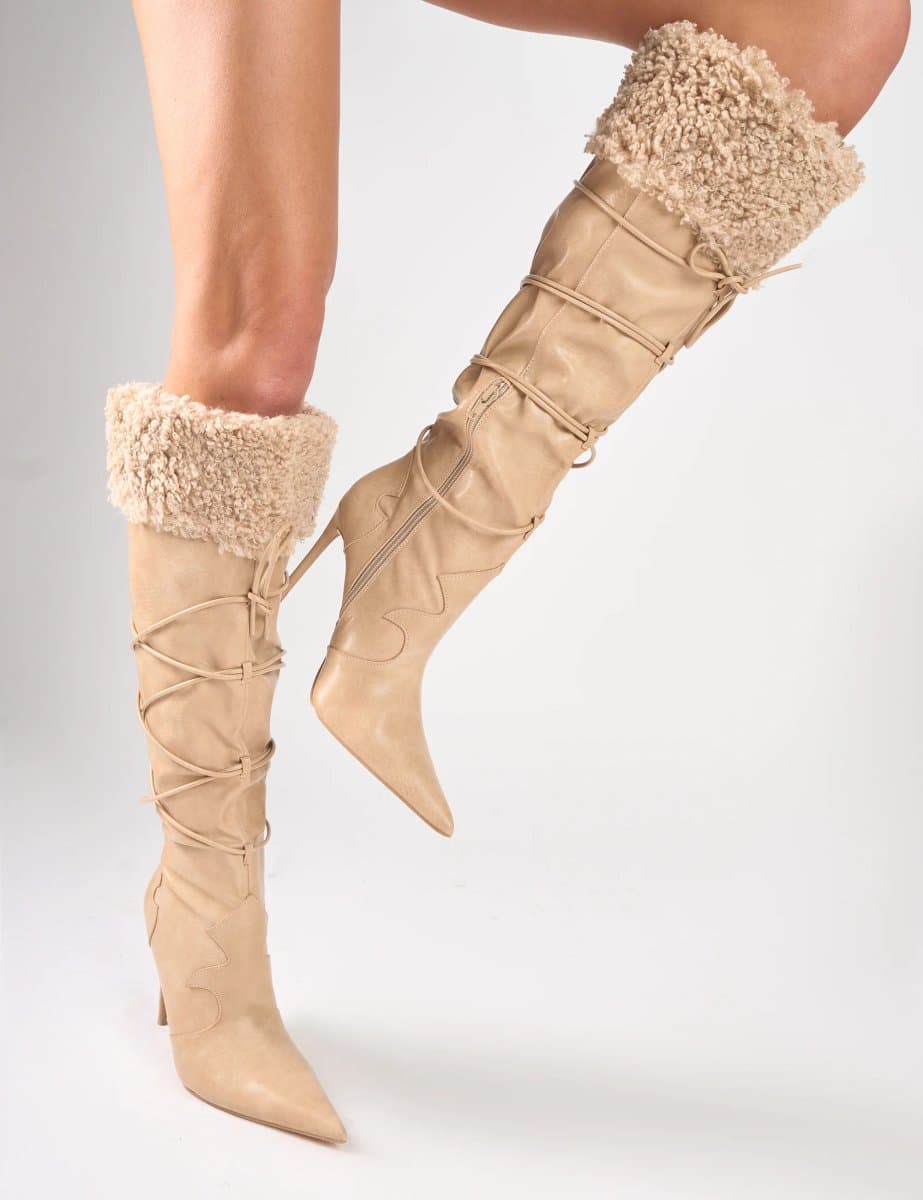 Public Desire Public Desire Cream Fur Trim Western Boots