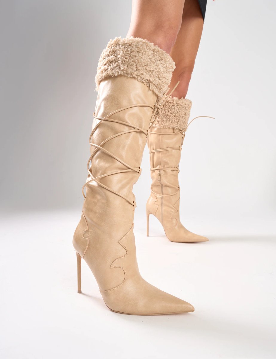 Public Desire Crusader Cream Fur Trim Western Inspired Pointed Toe Boots - 2