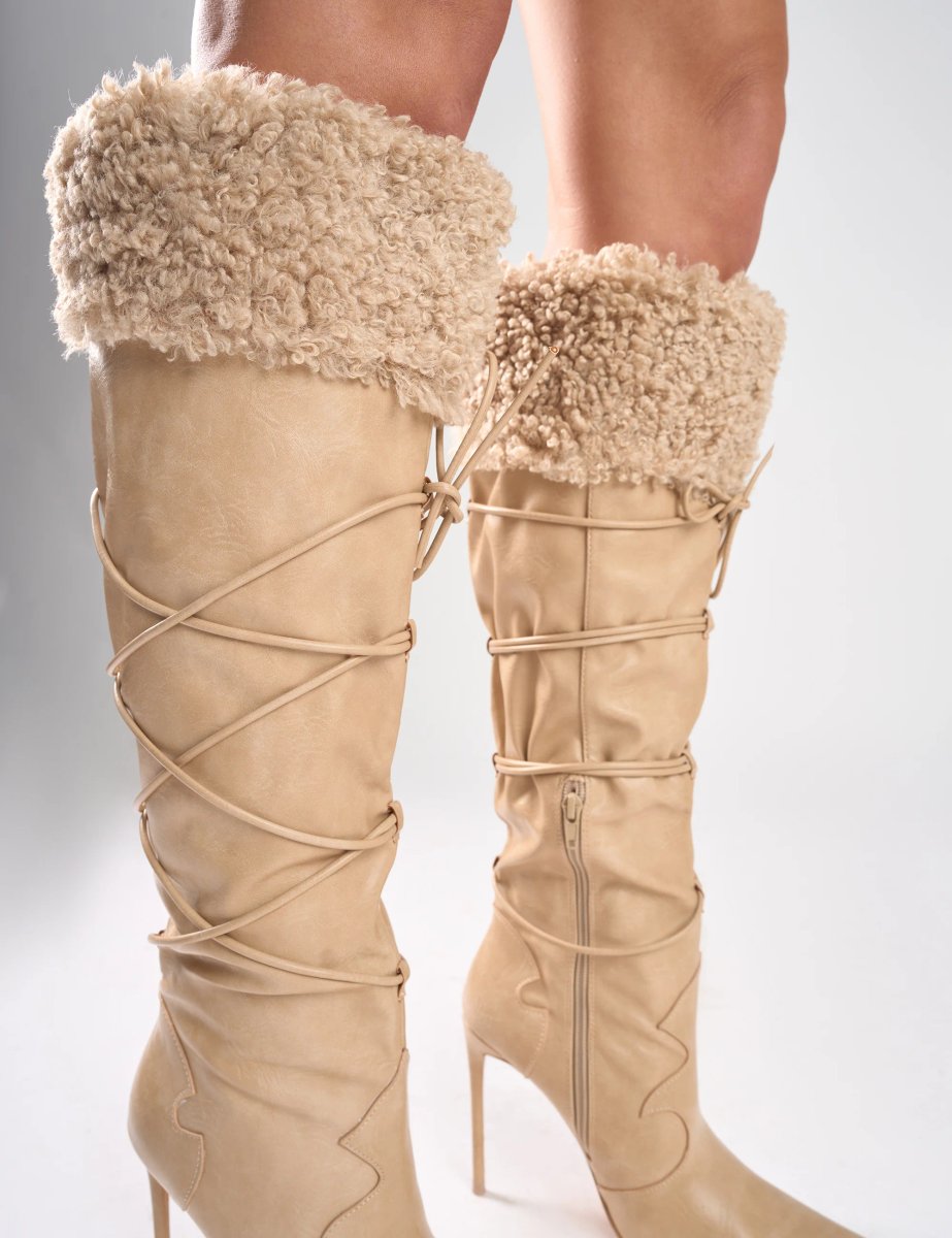 Public Desire Crusader Cream Fur Trim Western Inspired Pointed Toe Boots - 4
