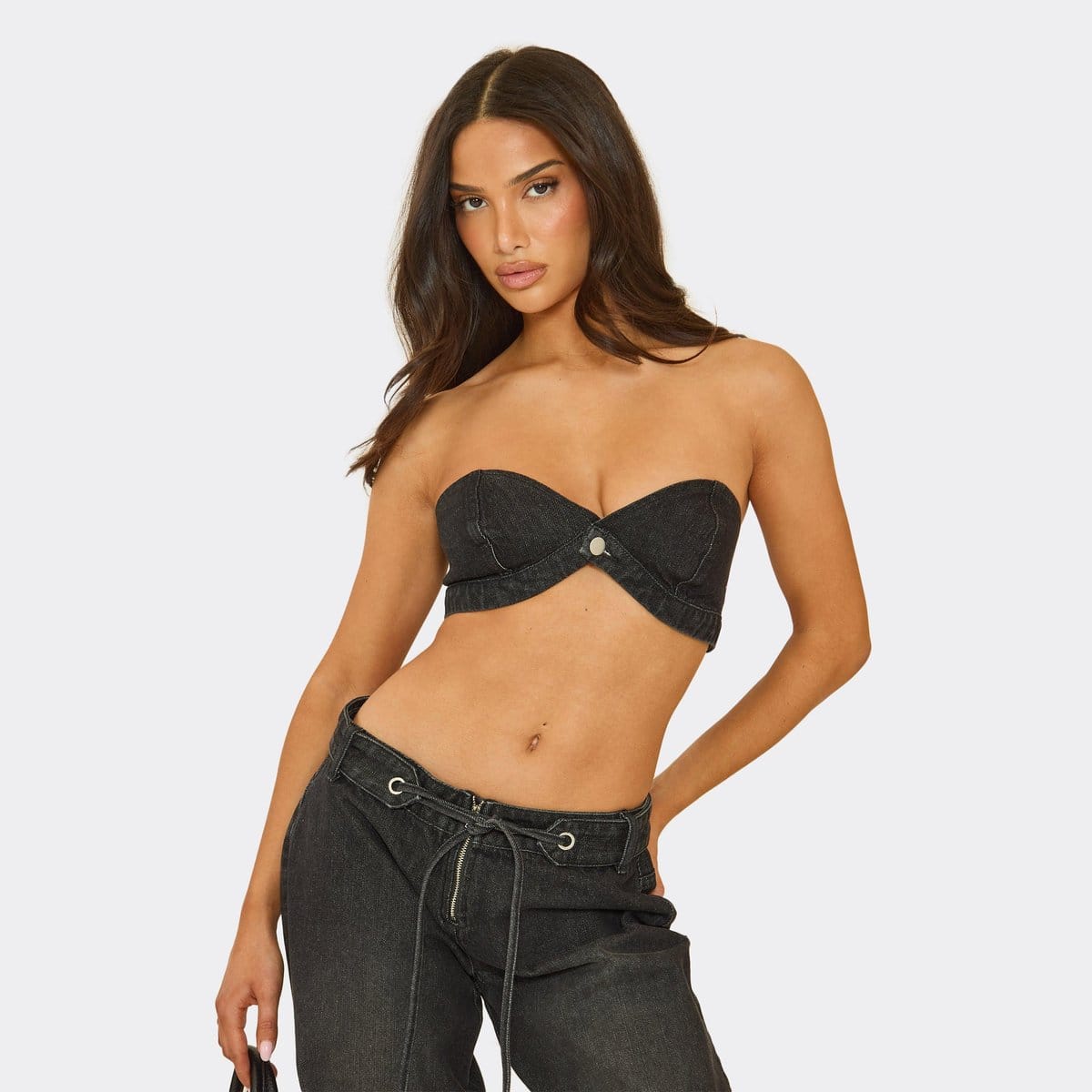 EGO Bandeau Button Front Bralet In Black Denim, Women's Size UK 6 - 1