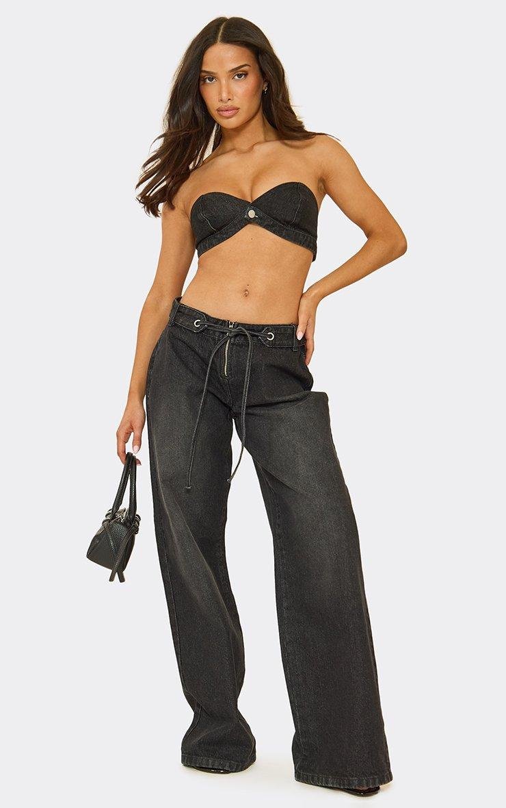 EGO Bandeau Button Front Bralet In Black Denim, Women's Size UK 6 - 2