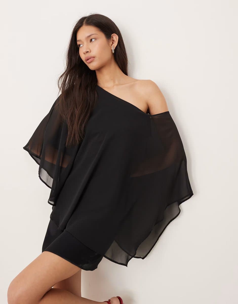 ASOS ASOS DESIGN satin chiffon mix one shoulder mini dress in black