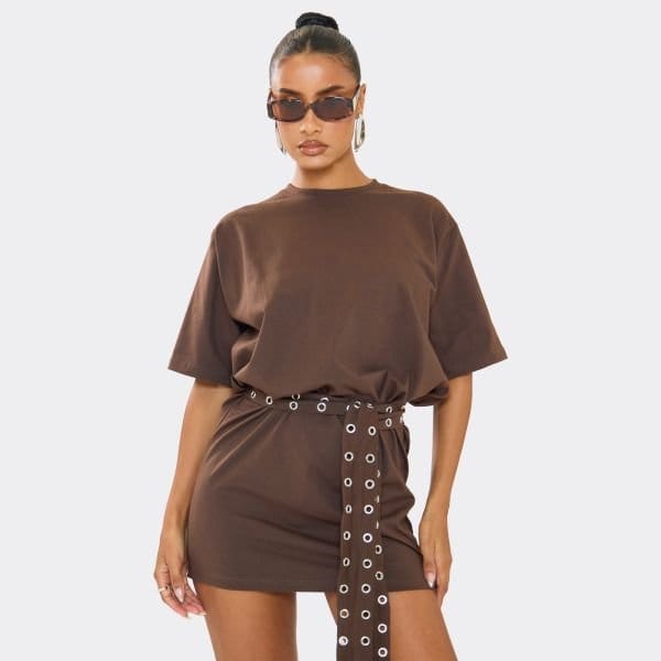 EGO Shoulder Pad Eyelet Belt Detail T-Shirt Dress In Chocolate Brown, Women's Size UK 6 - 1