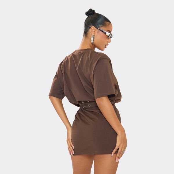 EGO Shoulder Pad Eyelet Belt Detail T-Shirt Dress In Chocolate Brown, Women's Size UK 6 - 2