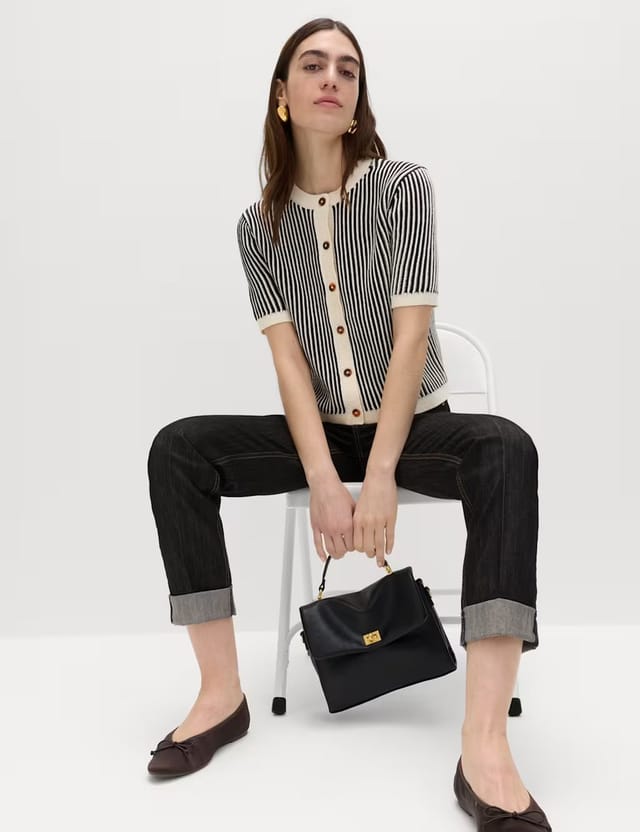 Marks & Spencer M&S Cotton Rich Textured Cropped Cardigan Black Mix - 3