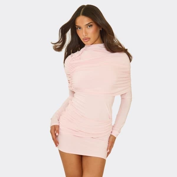 EGO Long Sleeve High Neck Fold Over Ruched Detail Mini Dress In Baby Pink, Women's Size UK 6