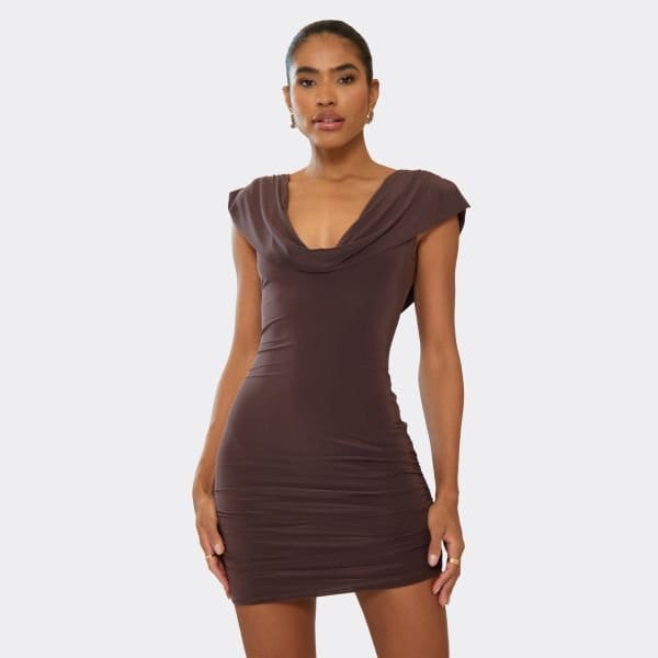EGO Cowl Asymmetric Drape Detail Mini Dress In Chocolate Brown, Women's Size UK 6 - 1