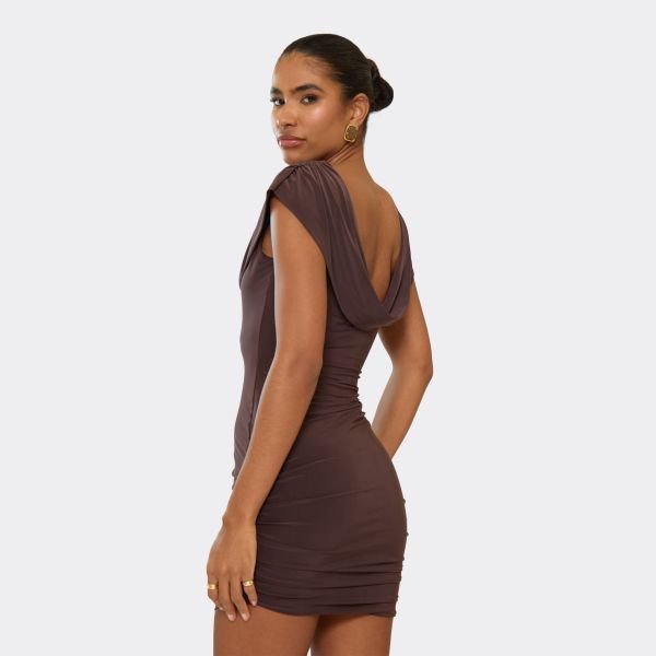EGO Cowl Asymmetric Drape Detail Mini Dress In Chocolate Brown, Women's Size UK 6 - 2