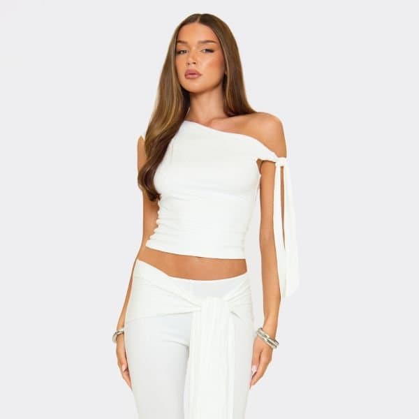 EGO Off The Shoulder Tie Sleeve Detail Top In Cream Slinky, Women's Size UK 10