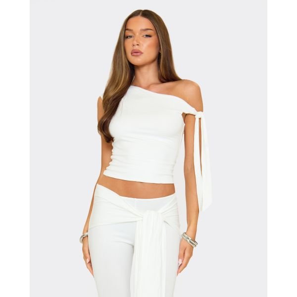 EGO Off The Shoulder Tie Sleeve Detail Top In Cream Slinky, Women's Size UK 10 - 2