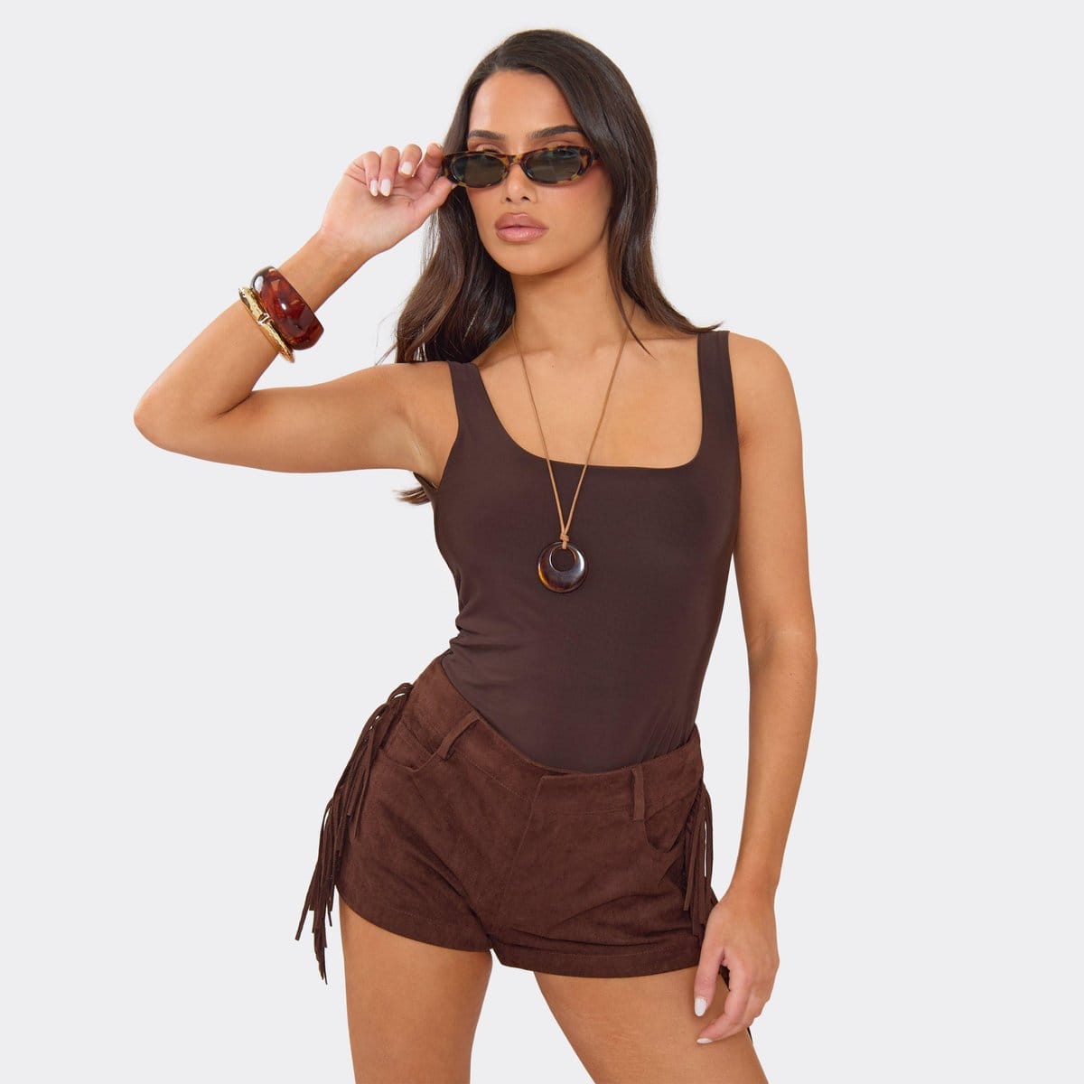 EGO Fringe Side Detail Shorts In Brown Faux Suede, Women's Size UK 6 - 1