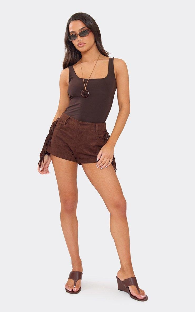 EGO Fringe Side Detail Shorts In Brown Faux Suede, Women's Size UK 6 - 2