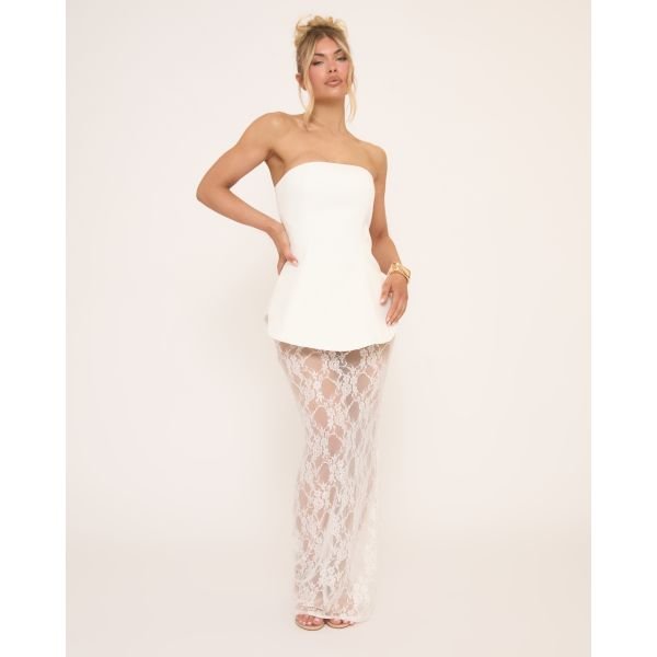 EGO Bandeau Tailored Maxi Dress In White Lace, Women's Size UK 4 - 2