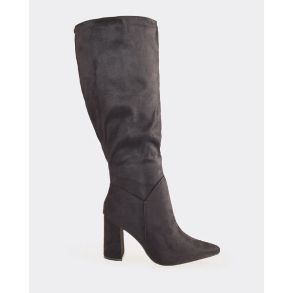 EGO Diffuse Block Heel Pointed Toe Knee High Boot In Black Faux Suede, Women's Size UK 3 - 2