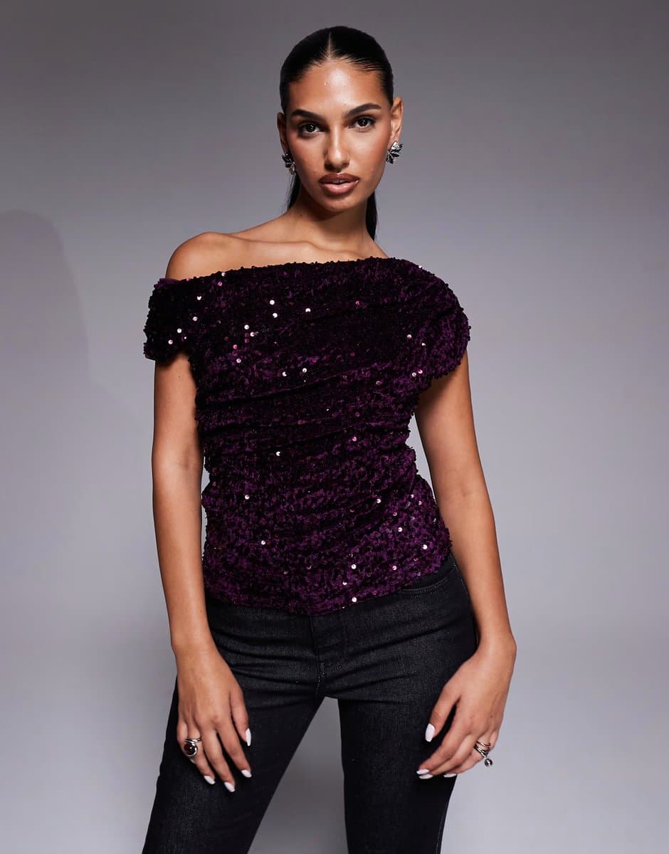ASOS River Island velvet sequin draped top in burgundy