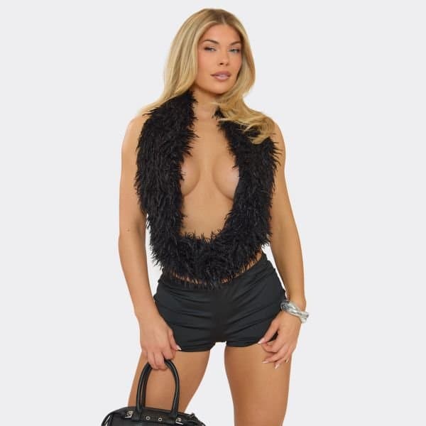 EGO Extreme Cowl Neck Open Back Detail Top In Black Faux Fur, Women's Size UK 6