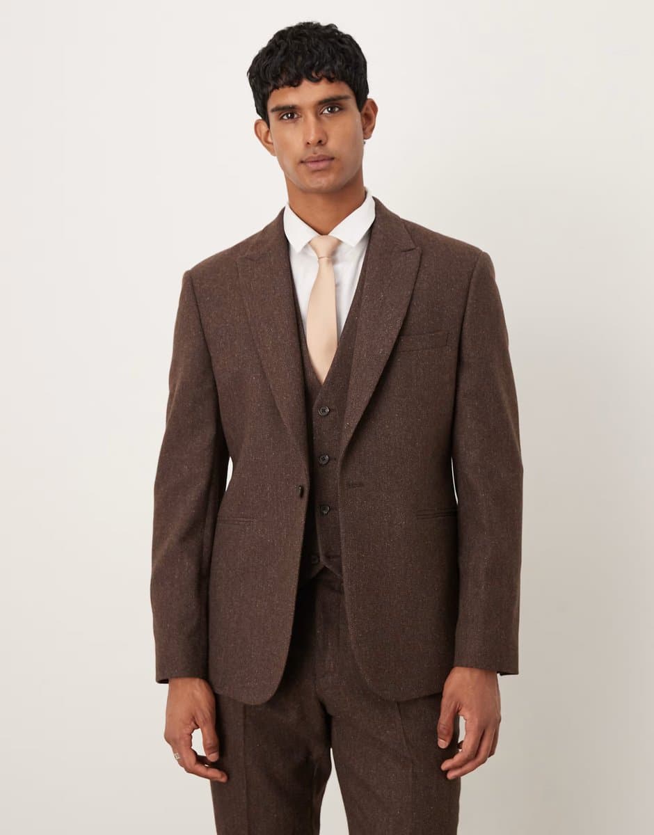 ASOS ASOS DESIGN slim herringbone suit jacket with wool in brown