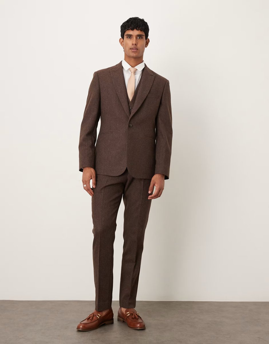 ASOS ASOS DESIGN slim herringbone suit jacket with wool in brown - 2