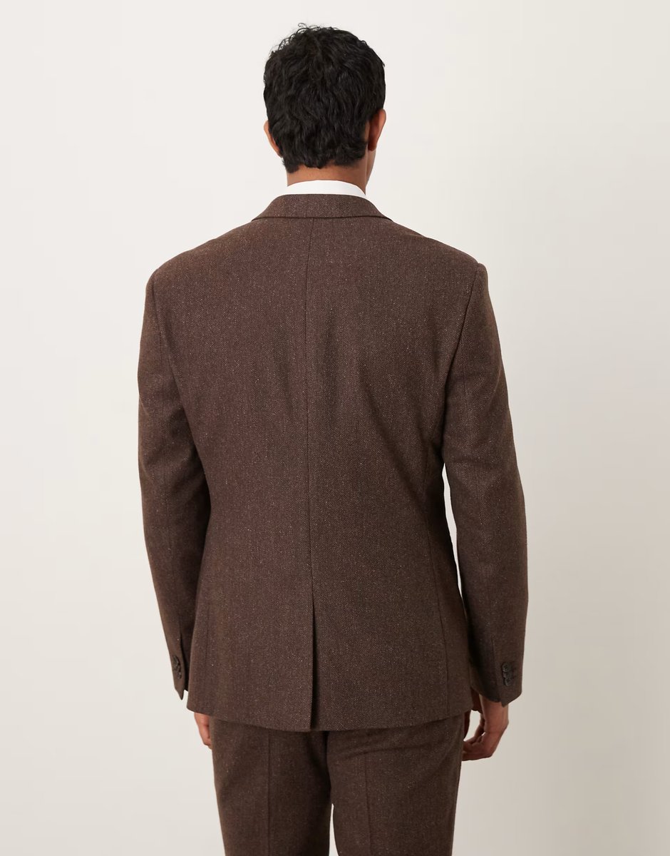 ASOS ASOS DESIGN slim herringbone suit jacket with wool in brown - 3